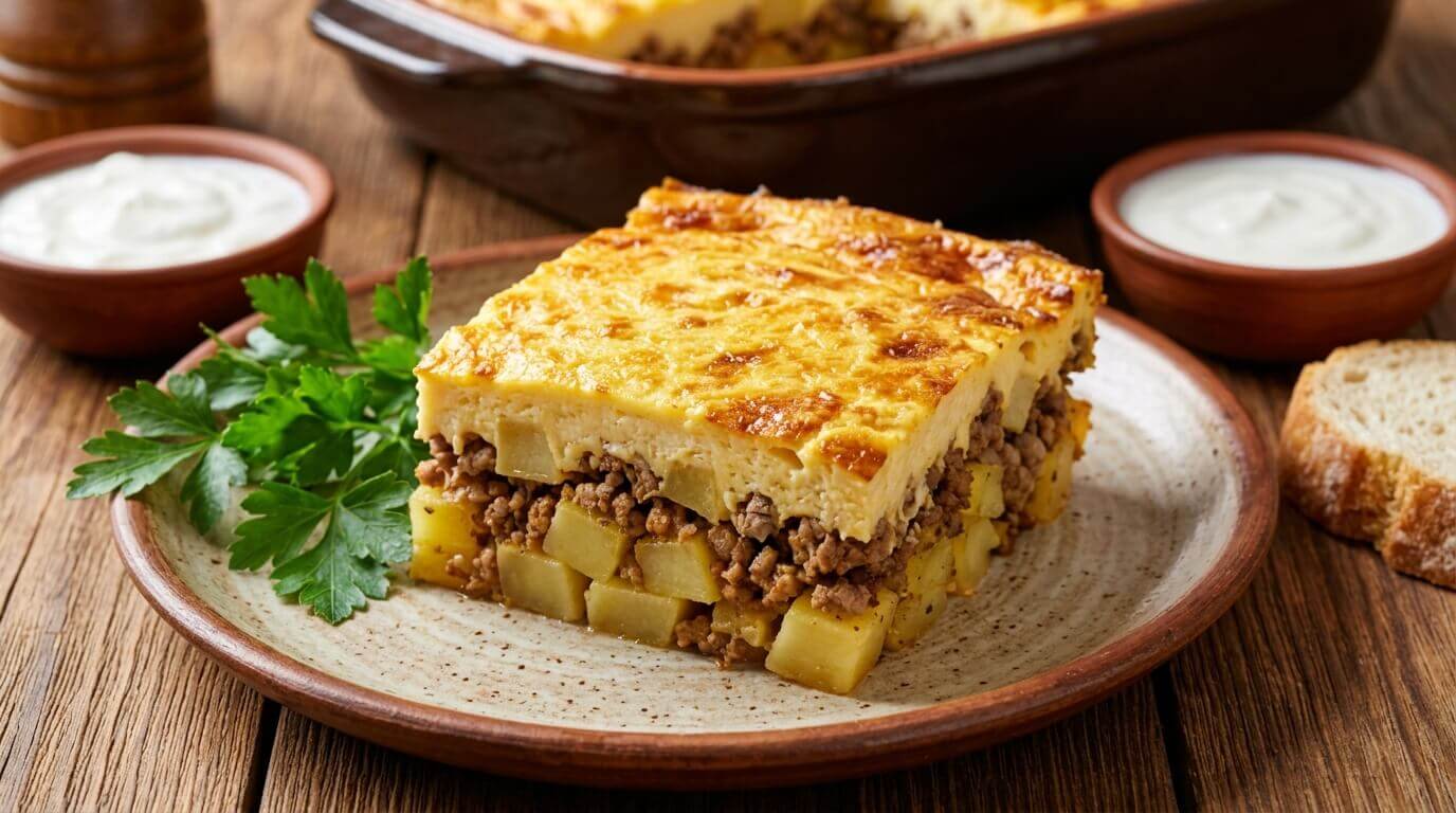 Мусака с картофи, кайма и запечена заливка