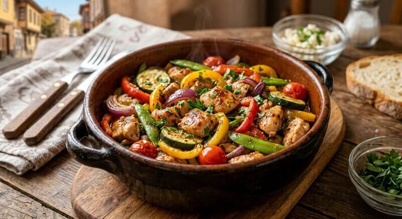 Пилешки хапки със зеленчуци на тиган